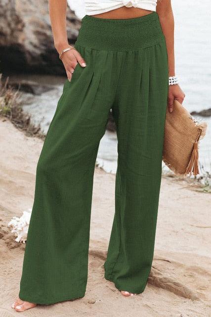 Cotton Linen Pockets Long Trousers Green L
