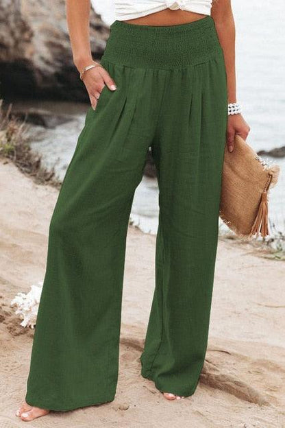 Cotton Linen Pockets Long Trousers Green M