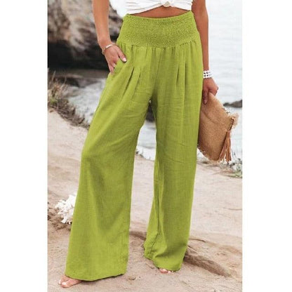 Cotton Linen Pockets Long Trousers Bright Green S