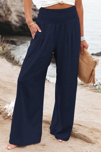 Cotton Linen Pockets Long Trousers Navy Blue L