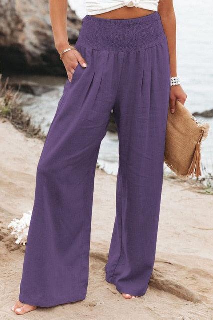 Cotton Linen Pockets Long Trousers Purple S