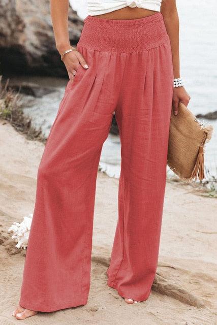 Cotton Linen Pockets Long Trousers Orange Red XL