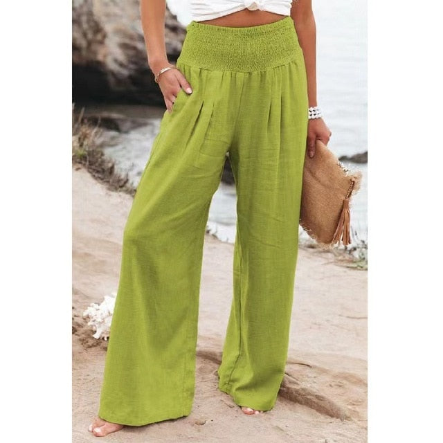 Cotton Linen Pockets Long Trousers Bright Green XXL