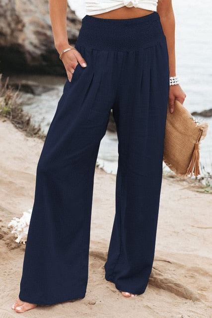 Cotton Linen Pockets Long Trousers Navy Blue XXL