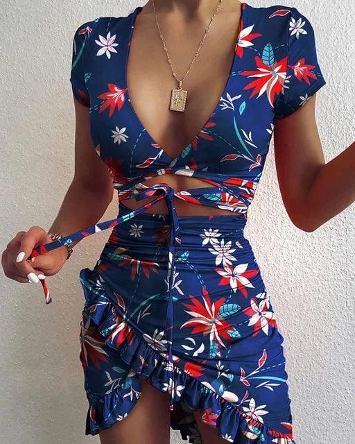 Flower Printed Mini Dress blue XL