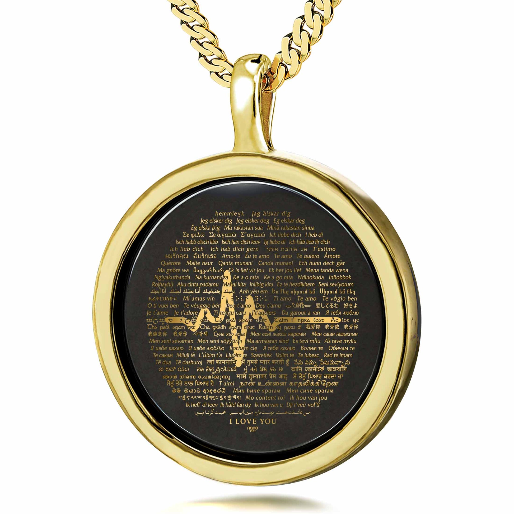 His Heartbeat of Love Necklace Over 100 Languages I Love You Pendant 14k Yellow Gold