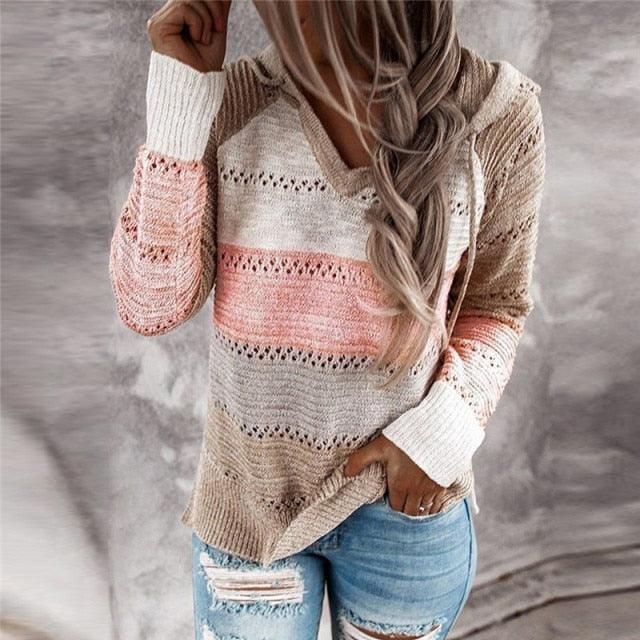 Hooded Long Sleeve Sweater Pink L