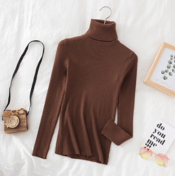 Knitted Turtleneck Sweater Coffee-31 One Size