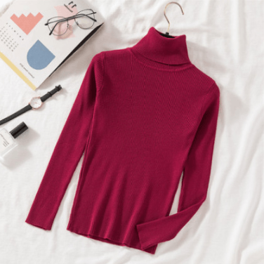 Knitted Turtleneck Sweater Dark Red-31 One Size