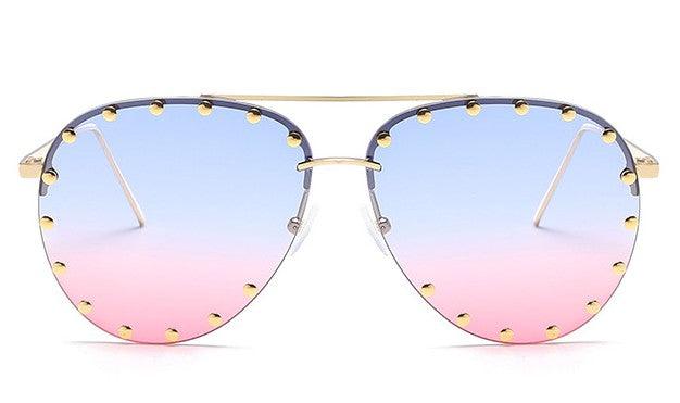 Ladies Metal Rivet Pilot Sunglasses Women Luxury Personality Rivet Glasses Blue Pink