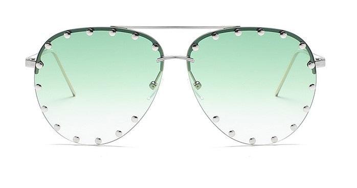 Ladies Metal Rivet Pilot Sunglasses Women Luxury Personality Rivet Glasses Silver Green