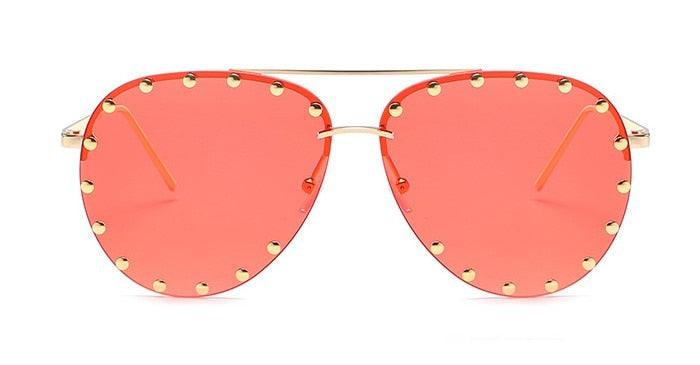 Ladies Metal Rivet Pilot Sunglasses Women Luxury Personality Rivet Glasses Gold Red