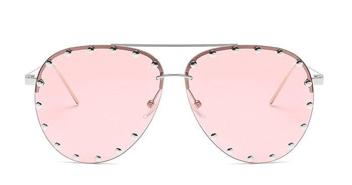 Ladies Metal Rivet Pilot Sunglasses Women Luxury Personality Rivet Glasses Silver Pink