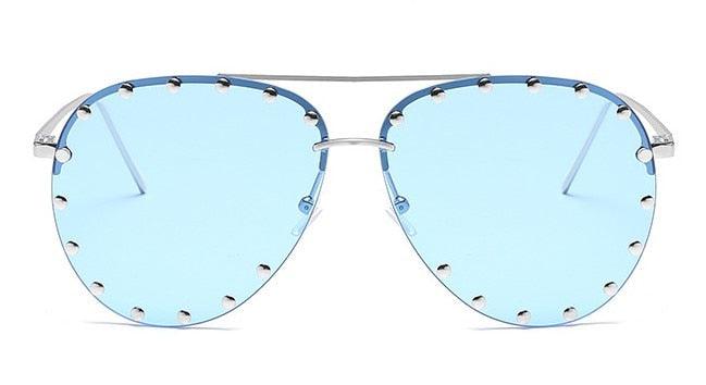 Ladies Metal Rivet Pilot Sunglasses Women Luxury Personality Rivet Glasses SilverBlue