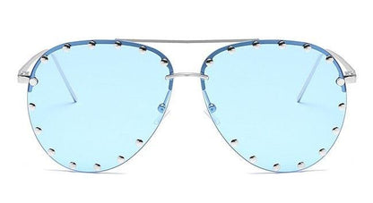 Ladies Metal Rivet Pilot Sunglasses Women Luxury Personality Rivet Glasses SilverBlue
