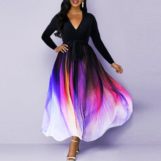 Long Sleeve V-neck Gradient Color Printed High Waist Dress