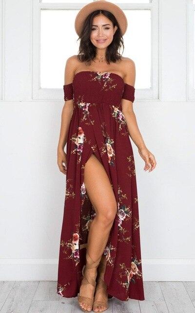 Off Shoulder Sexy Split Beach Summer Dress Red XL