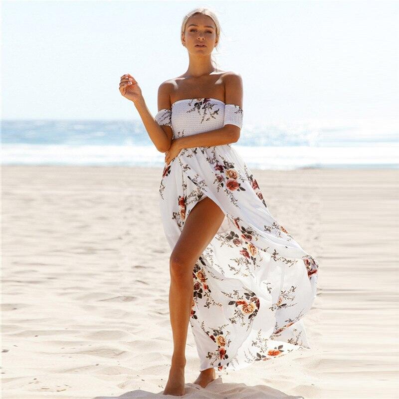 Off Shoulder Sexy Split Beach Summer Dress White S