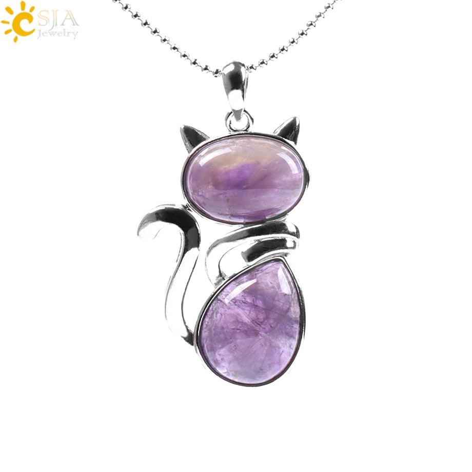 Stone Necklaces Pink Quartz Cute Cat Shape Rock Black Onyx Amethyst