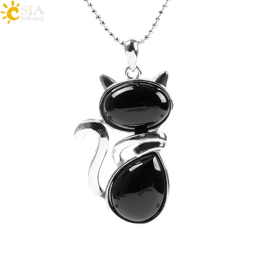 Stone Necklaces Pink Quartz Cute Cat Shape Rock Black Onyx Black Agate