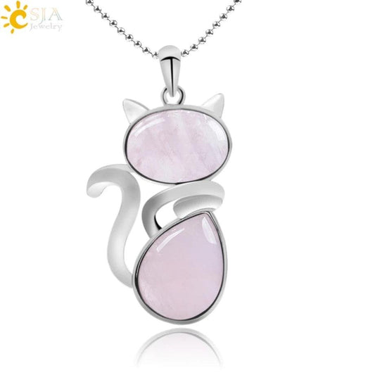 Stone Necklaces Pink Quartz Cute Cat Shape Rock Black Onyx