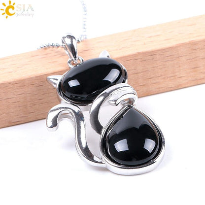 Stone Necklaces Pink Quartz Cute Cat Shape Rock Black Onyx