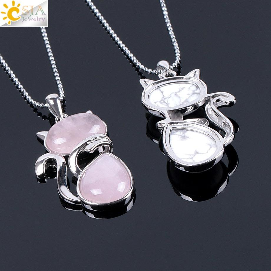 Stone Necklaces Pink Quartz Cute Cat Shape Rock Black Onyx