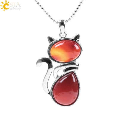 Stone Necklaces Pink Quartz Cute Cat Shape Rock Black Onyx Red Agate