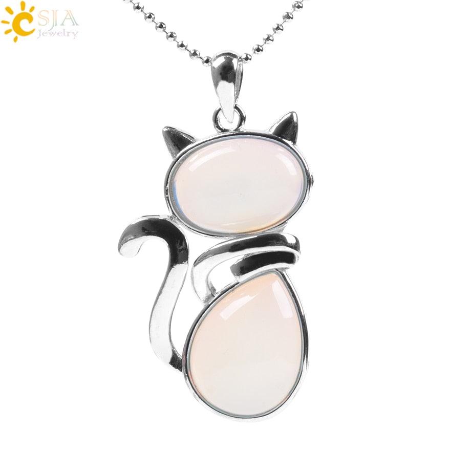 Stone Necklaces Pink Quartz Cute Cat Shape Rock Black Onyx Opal