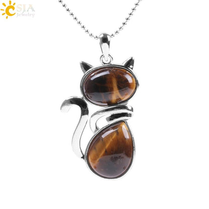 Stone Necklaces Pink Quartz Cute Cat Shape Rock Black Onyx Tiger Eye