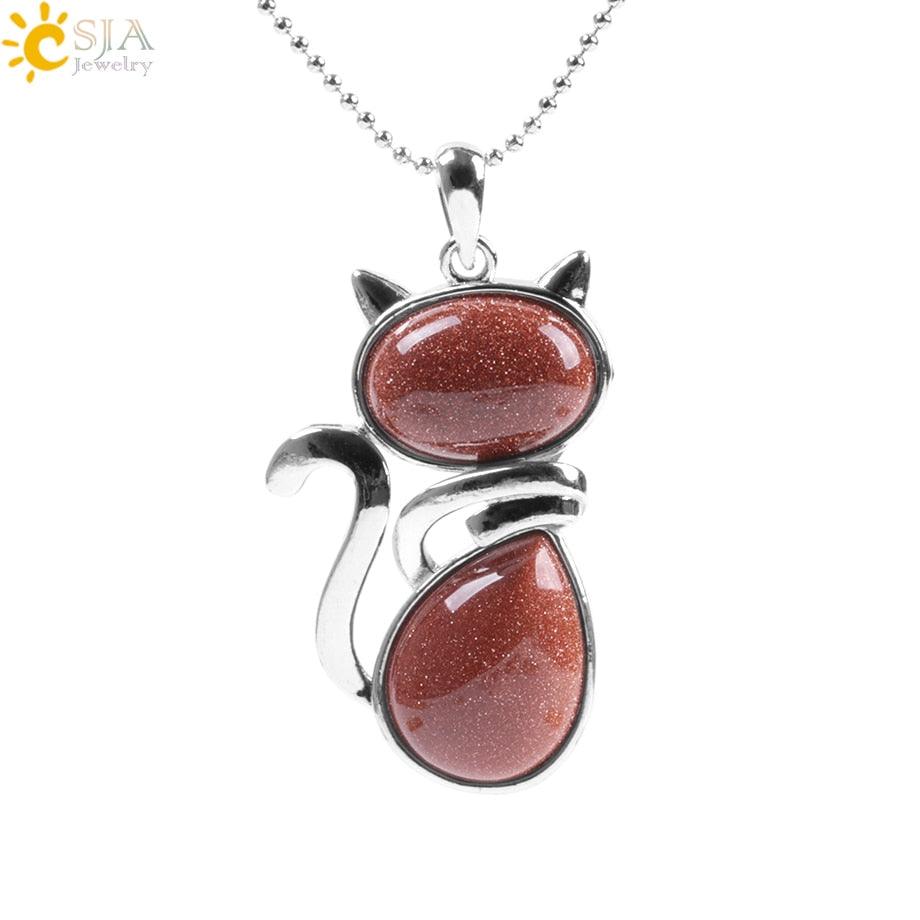 Stone Necklaces Pink Quartz Cute Cat Shape Rock Black Onyx Brown Sand