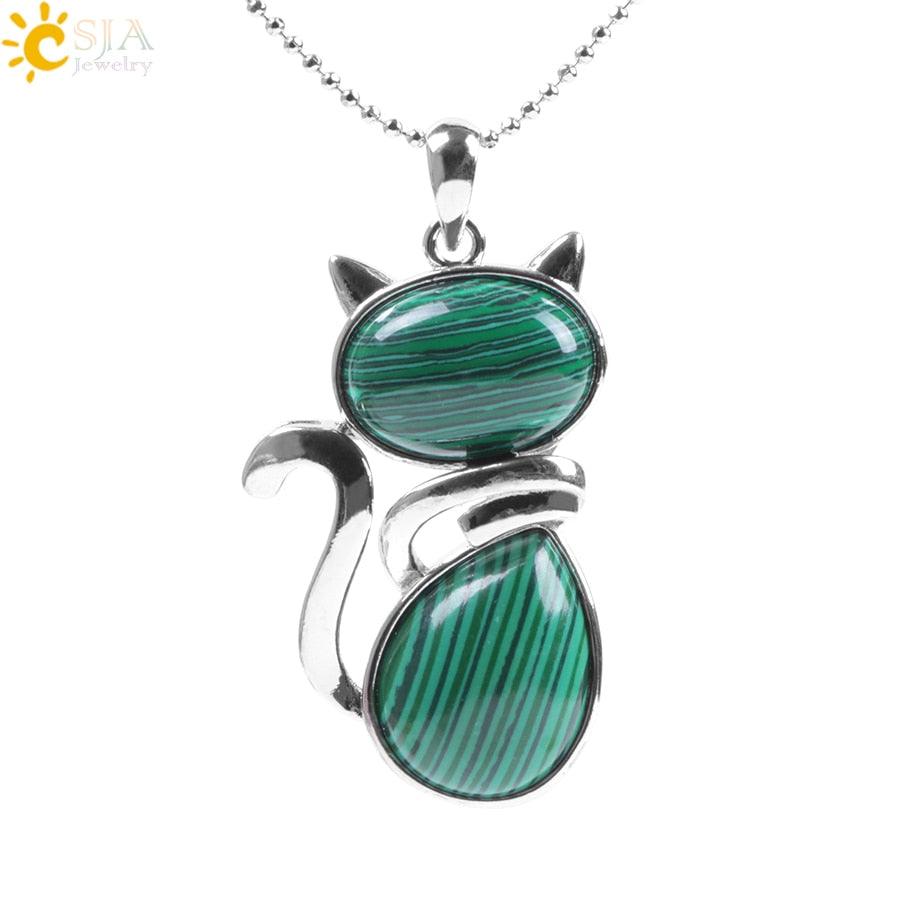 Stone Necklaces Pink Quartz Cute Cat Shape Rock Black Onyx Malachite