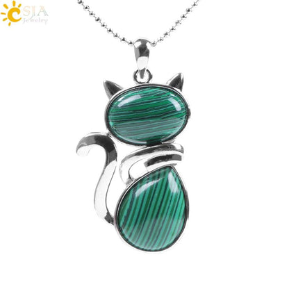 Stone Necklaces Pink Quartz Cute Cat Shape Rock Black Onyx Malachite