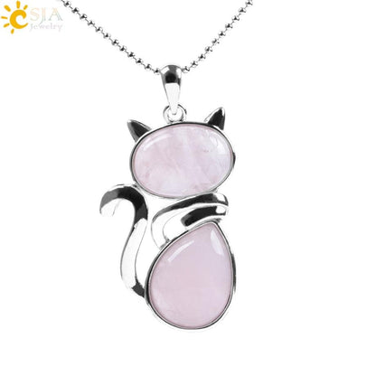 Stone Necklaces Pink Quartz Cute Cat Shape Rock Black Onyx Rose Quartz