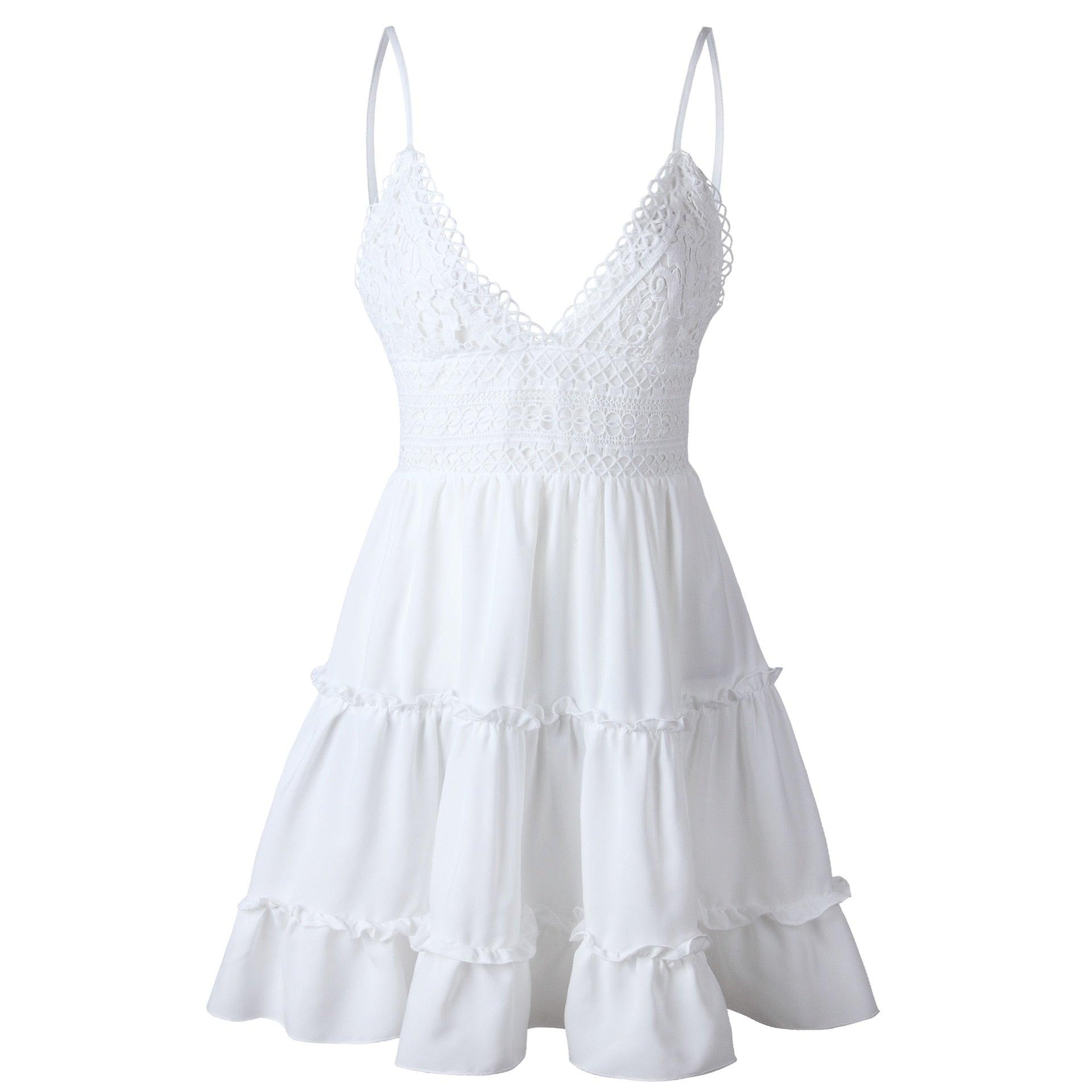 V Neck Lace Sleeveless Spaghetti Strap Dress White