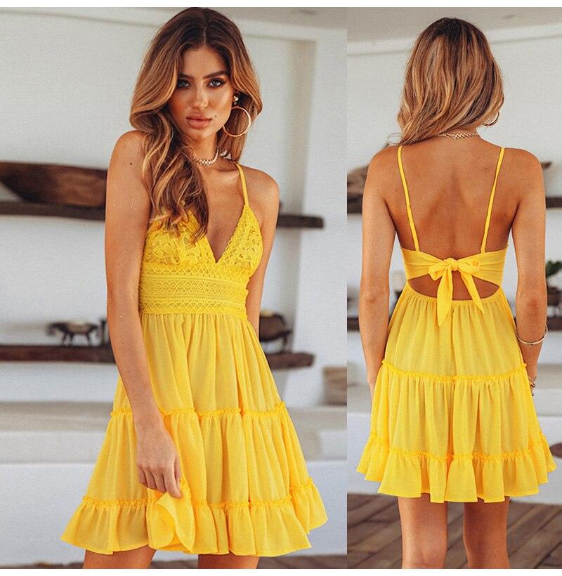 V Neck Lace Sleeveless Spaghetti Strap Dress Yellow