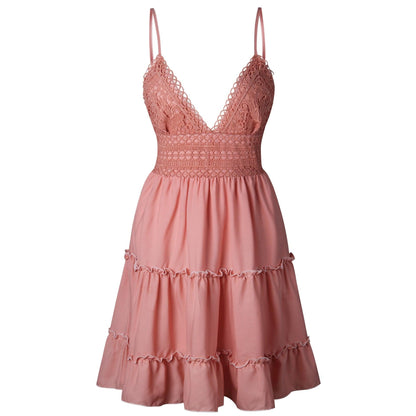 V Neck Lace Sleeveless Spaghetti Strap Dress Pink