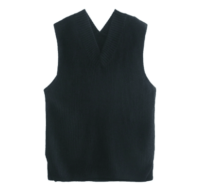 V-neck Knitted Sleeveless Vest Black