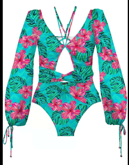 Vintage One Piece Swimsuit FemaleSleeve Swimwear bikini Print Bandage Summer Bathers Monokini Style 1