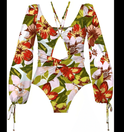 Vintage One Piece Swimsuit FemaleSleeve Swimwear bikini Print Bandage Summer Bathers Monokini Style 6