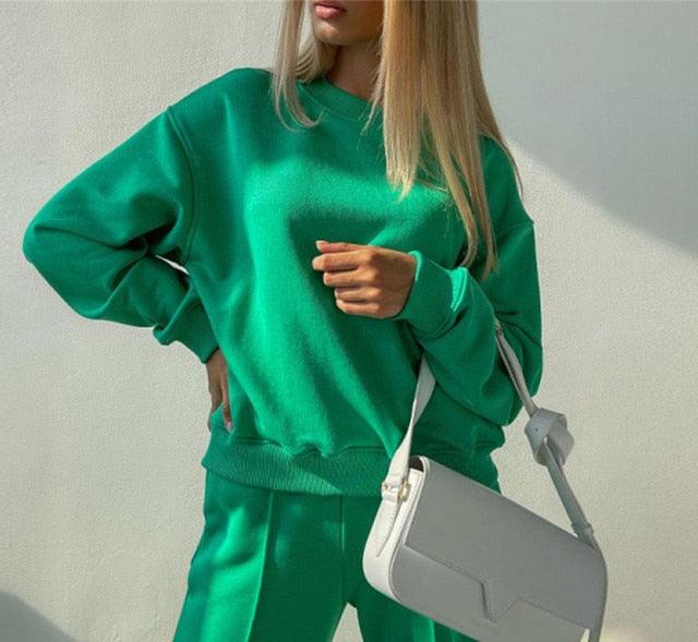 Winter Women Tracksuit Set Green Top S