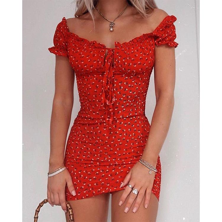 Women Floral Wrap Off Shoulder Dress Tie Up Front Ruffle Mini Dress Summer Red M