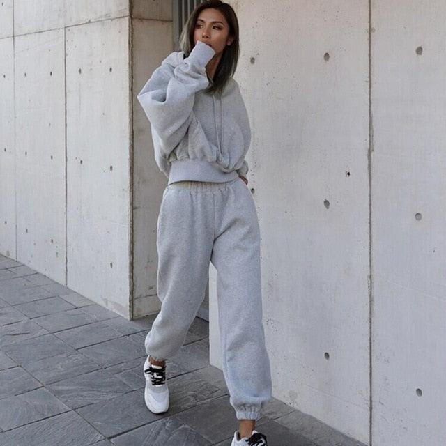 Women Warm Hoodie and Pants Set Gray L