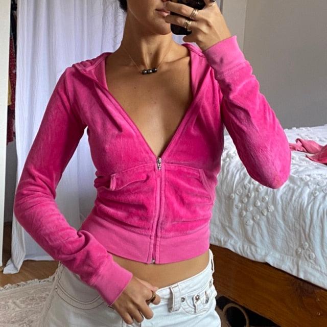 Women's Velvet Zip Up Crop Hoodies Pink L