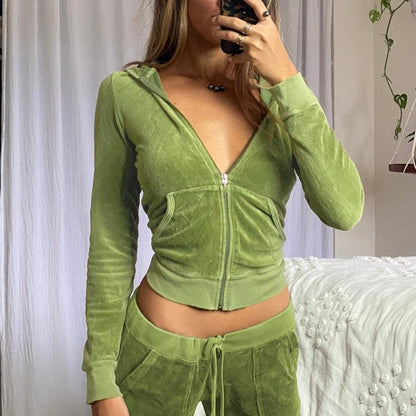 Women's Velvet Zip Up Crop Hoodies